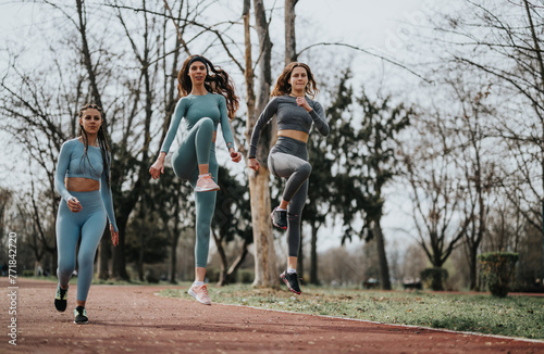 Active females running on a track surrounded by trees in daylight, showcasing exercise and health.