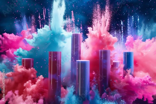 Futuristic product display with colorful powder paint explosion and sci-fi elements, 3D illustration