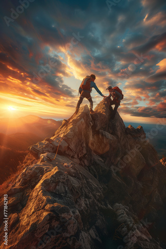 Teamwork concept. Two friends hikers climbing on the top of the mountain and helping eachother. Ledership. High quality photo photo