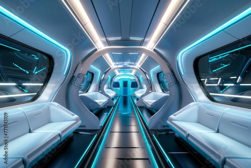 Futuristic high-speed train interior with sleek design and advanced technology, digital concept art © Lucija