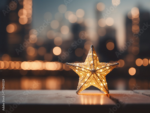 City night lights and Christmas stars blur in vintage backdrop.