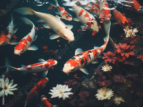 Colorful koi fish pond adopts vintage filter for faded colors. © Llama-World-studio