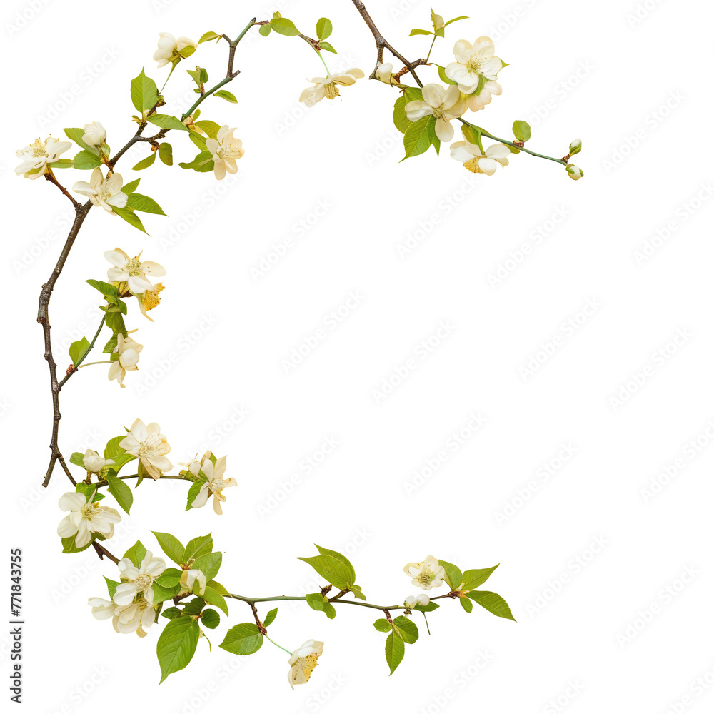 Twig with white flower petals and green leaves on a transparent background Twig with white flower petals and green leaves on a transparent background