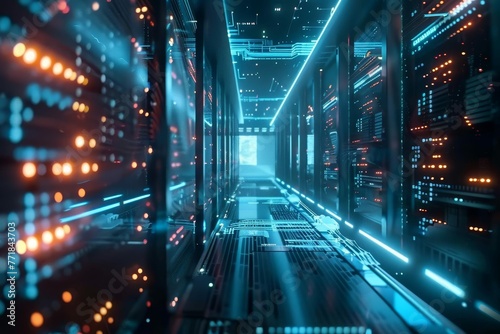 Futuristic data center with servers and digital circuits, high-tech computing environment 3D illustration