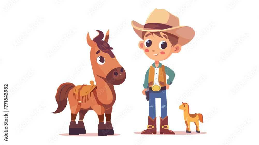 Fototapeta premium Cute kid cowboy with toy horse on white background.