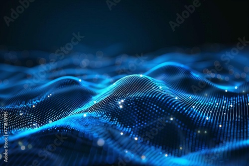 Futuristic blue abstract background with network grid and glowing particles, AI and technology concept, digital illustration