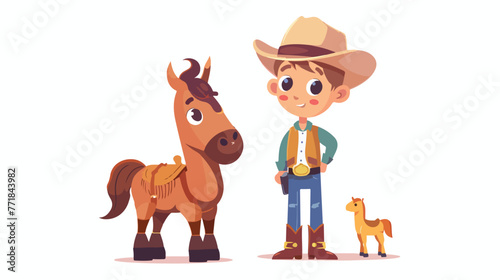 Cute kid cowboy with toy horse on white background.