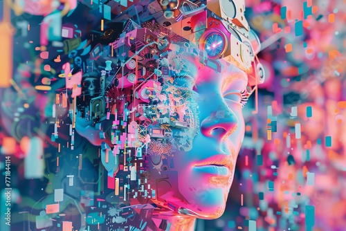 Futuristic 3D collage of creative mind interfacing with AI machine - Colorful digital art