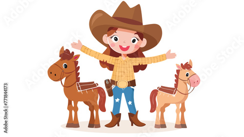 Cute kid cowgirl with toy horse on white background