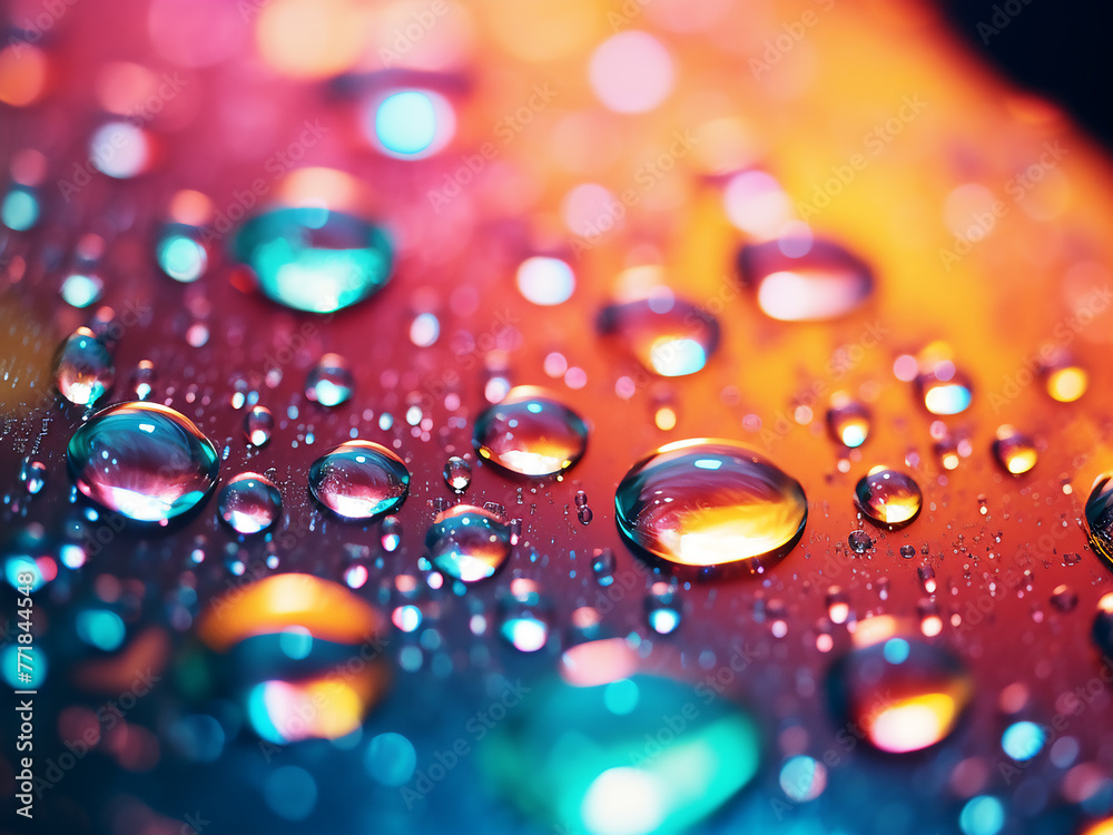Beautiful bokeh highlights close-up of multicolored water droplets.