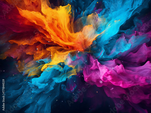 Multicolored streaks and stains form an abstract backdrop.