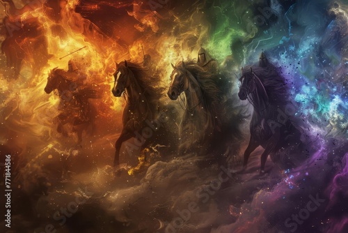 Four Horsemen of the Apocalypse, Book of Revelation, biblical prophecy, disease and death, mystical particles, digital fantasy painting photo