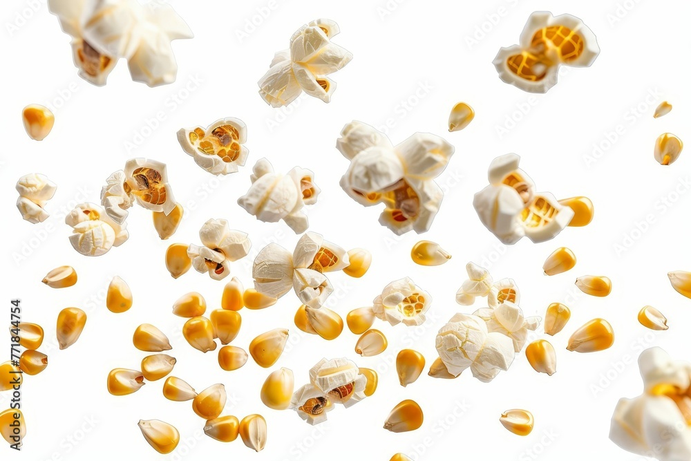 Flying popcorn kernels, levitating corn seeds, isolated food elements, cut out on white background, clipping path