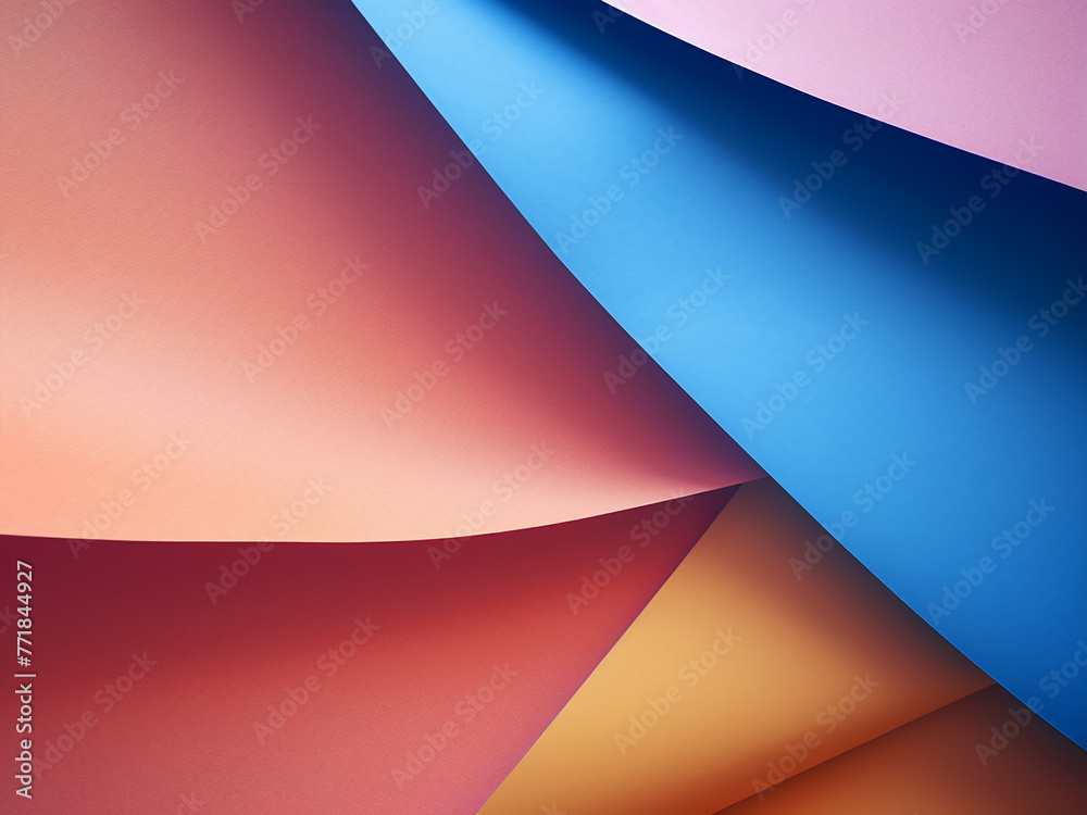Yellow, blue, pink paper layers create geometric backdrop.