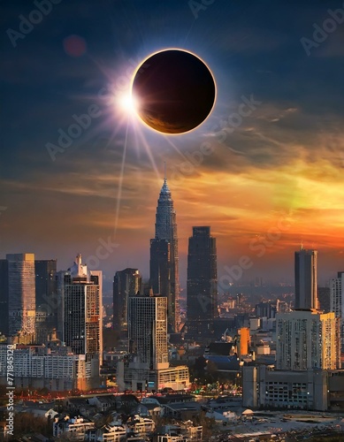 A solar eclipse over a cityscape 