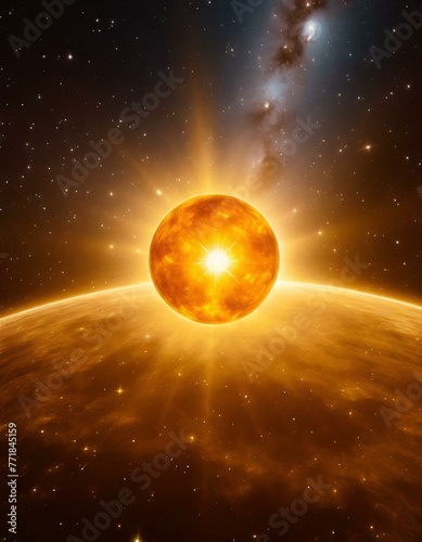 The sun pictured in outer space with stars all around in photographic stle 