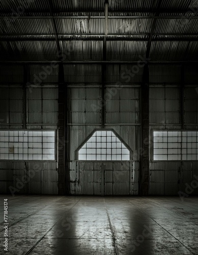 An old airplane hangar interior with two windows on either side