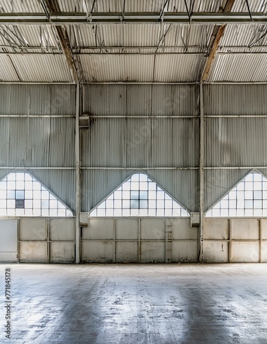An old airplane hangar interior with two windows on either side