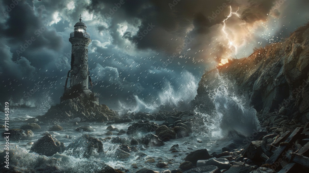 Lighthouse at storm in ocean - obrazy, fototapety, plakaty 