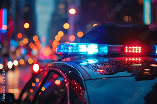 Flashing blue and red lights on a police car with a blurred city backdrop, capturing the urgency and energy of law enforcement