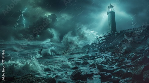 Lighthouse at storm in ocean