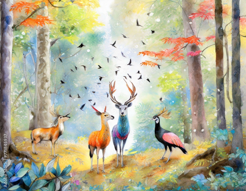 portrayal of animals performing a concert amidst the trees, with the sounds of chirping birds, rustling leaves, and animal calls blending harmoniously in the forest