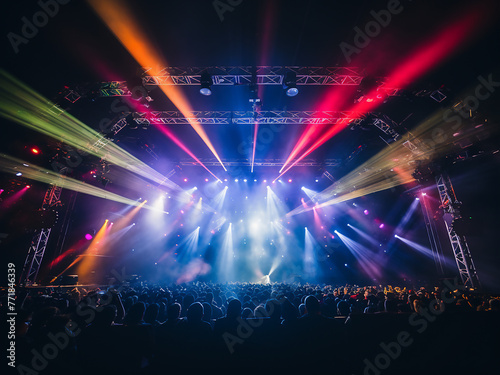 Concert lighting equipment casts colorful beams on stage.