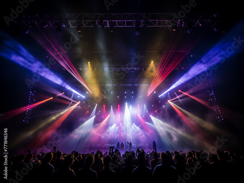 Concert stage glows with vibrant, multicolored lights.
