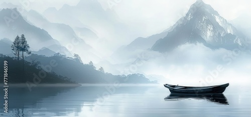 A boat glides peacefully on the calm waters of a lake, embraced by the natural beauty of trees and distant mountains.