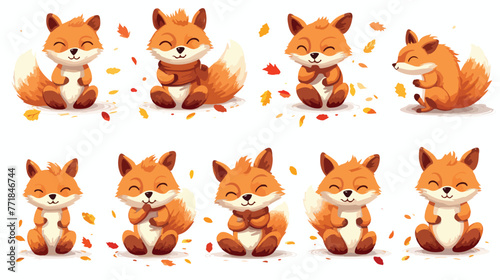 Fototapeta Naklejka Na Ścianę i Meble -  Cute Red Fox in Scarf Watching Leaf Falling and Med
