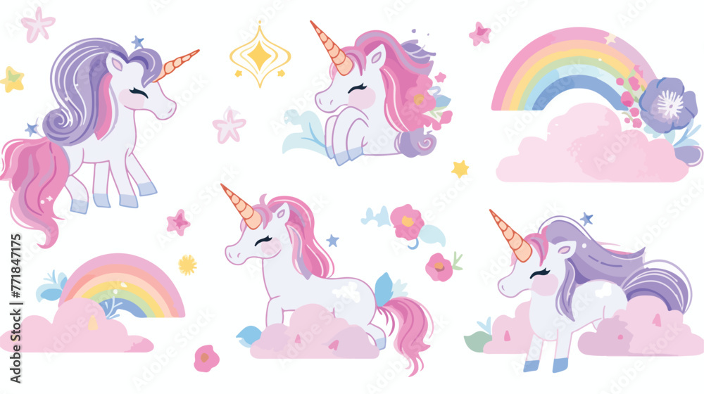 Cute unicorn on rainbow vector set illustrations on