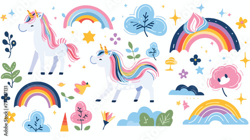 Cute unicorn on rainbow vector set illustrations on