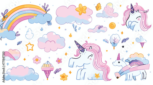 Cute unicorn on rainbow vector set illustrations on