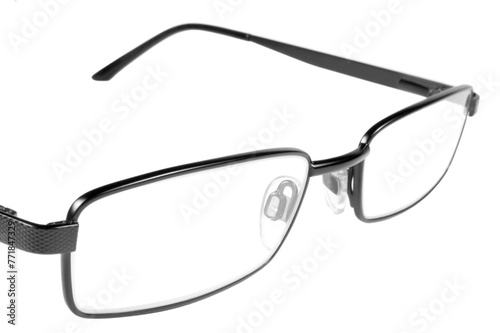 Black stylish unisex glasses, large detailed isolated eyewear spectacles macro closeup, horizontal blank empty white copy space background, women and men eyeglasses, vision eyesight eyestrain problems