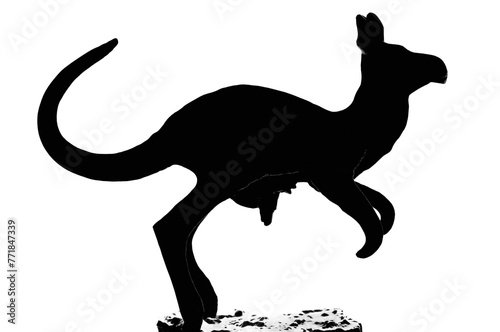 Red kangaroo and baby pouch figurine isolated silhouette, large detailed black horizontal macro closeup, extant marsupial cutout, native Australian mammal Osphranter rufus concept