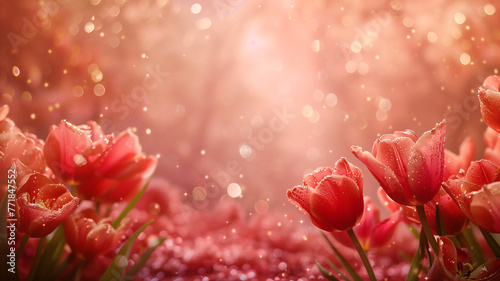 Tulips with glitter bokeh background. Copy space.