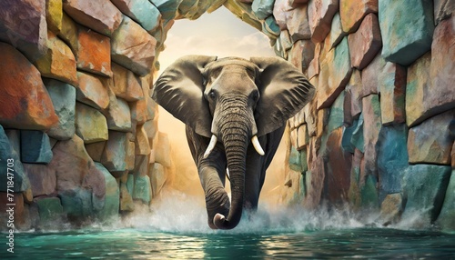 close up of a elephant, Elephant coming out of the walls. Wallpapers for walls. 3D rendering.