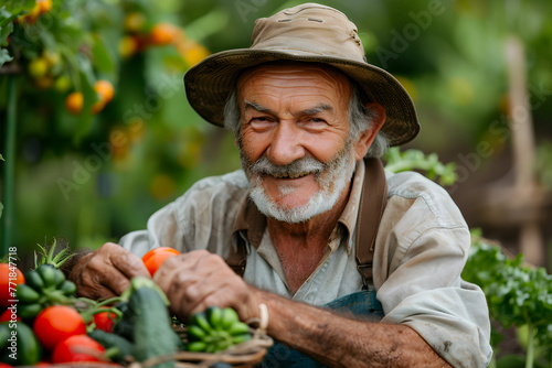 Mature farmer collecting vegetables at the organic farm. Natural bio products, homegrown eco fruits and vegetables. Local farmers market. Ecology and sustainable concept