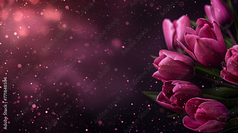 Tulips with glitter bokeh background. Copy space.