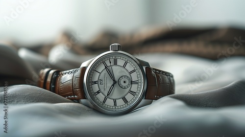 A modern wristwatch displayed prominently against a backdrop of soft, muted gray, real photo, stock photography generative ai images