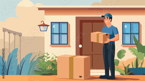 Delivery Man at Door with a Box Flat Vector Illustr