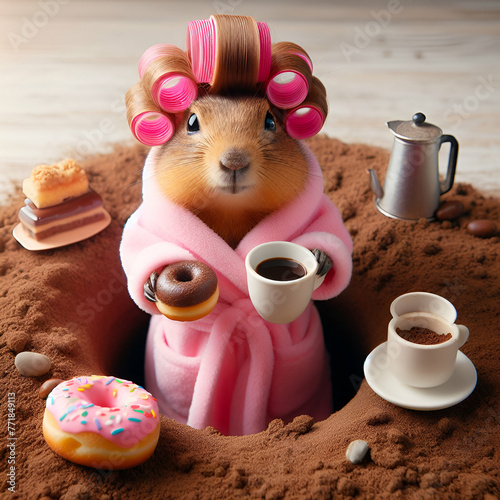 Funny Cute Cool Good Morning Female Anthropomorphic Gopher Marmot Animal Wrapped in Pink Bathrobe Blanket with Hair in Curlers Drinks Holding a New Favorite Warm Hot Cup Coffee & Donut Standing Hole photo