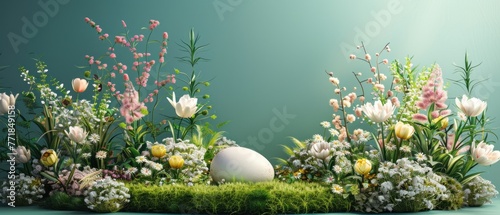 Easter podium background 3d product egg spring happy flower display scene sale gold. Background rabbit podium banner cosmetic greeting easter stage card poster platform grass nature mockup green day #771849158