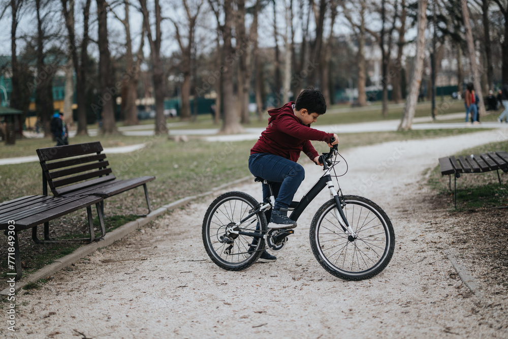 A young, active boy enjoys a ride on his bicycle through a scenic park, embodying joy and the spirit of youth. A young, active boy enjoys a ride on his bicycle through a scenic park, embodying joy and the spirit of youth.