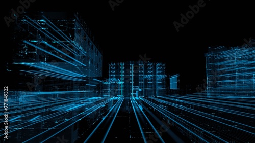 Foto illustration of digital building design using graphic design, hologram, 3D rende