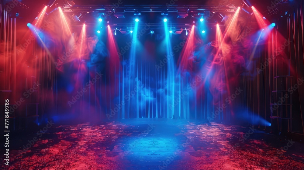 Spotlit Triumph: Podium Illuminated by Red and Blue Spotlights - Victory, Recognition, and Dynamic Achievement Centerstage in a Dazzling Presentation