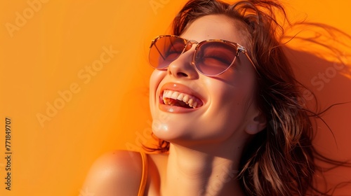 A joyful young woman wearing sunglasses, laughing and enjoying the sunshine, against a vivid orange background, real photo, stock photography generative ai