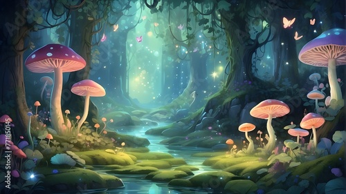 "Digital illustration portraying a magical fairytale forest bathed in a green hue, with whimsical mushrooms serving as the dreamy background. The forest is alive with vibrant colors and fantastical el