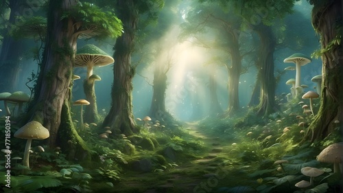 A magical green fairytale forest is depicted as a dreamy background illustration  with towering trees adorned with lush foliage and whimsical mushrooms scattered throughout. The forest exudes an ethe