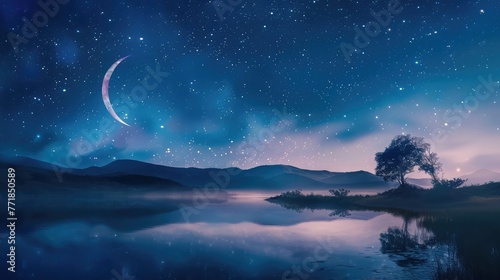 A mesmerizing night sky filled with stars, and a crescent moon shining over a tranquil Ramadan